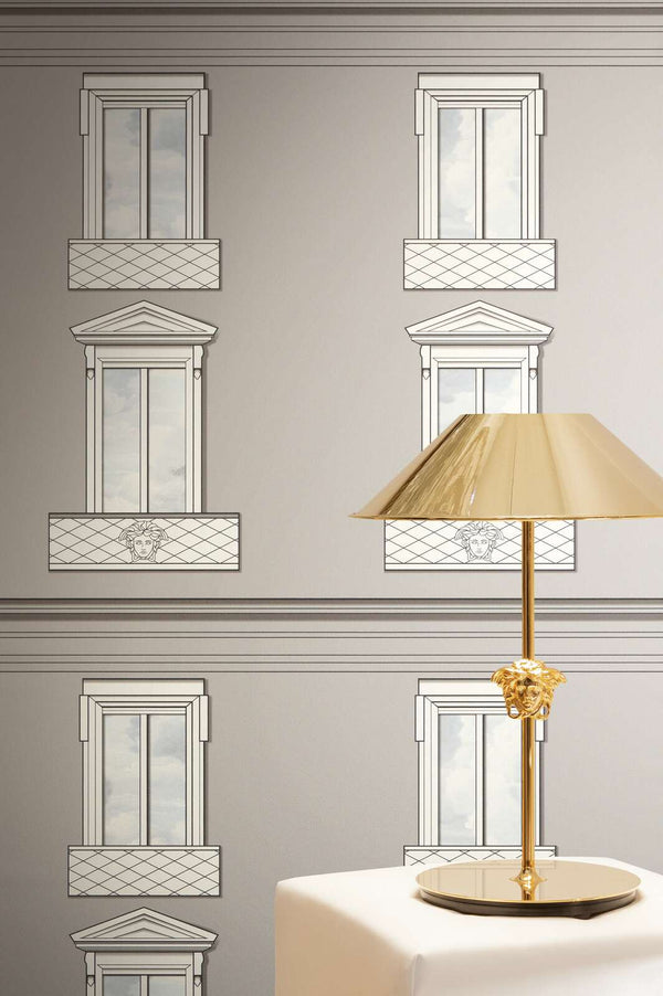 Versace Window Balustrade Grey, White, Blue Wallcovering | Versace