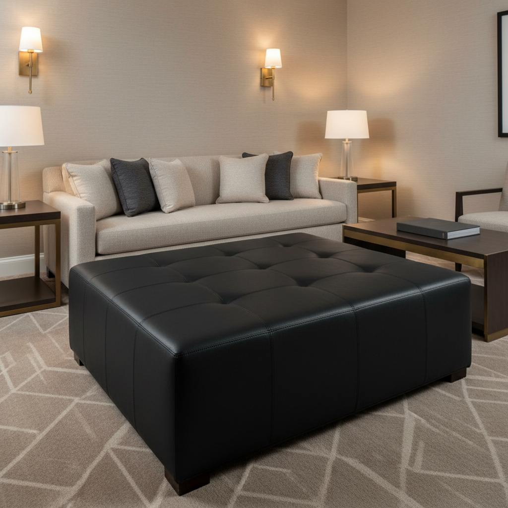 Fine Pebble Grain Deep Onyx Upholstered Ottoman | Architectural Fabrics