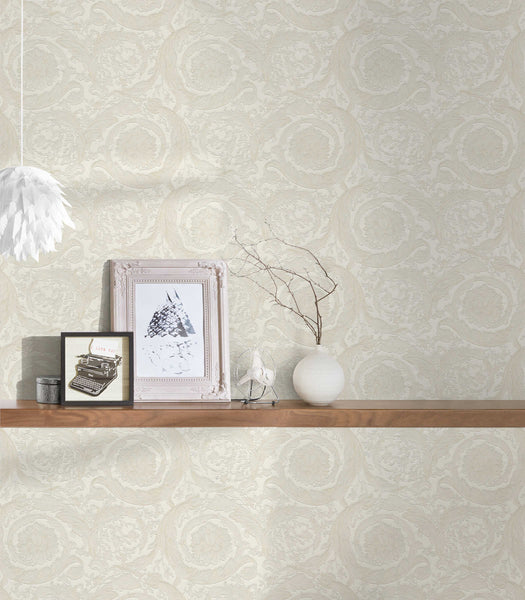 Versace Wallcovering With Ornaments In Baroque Style - Cream, Silver Wallcovering | Versace