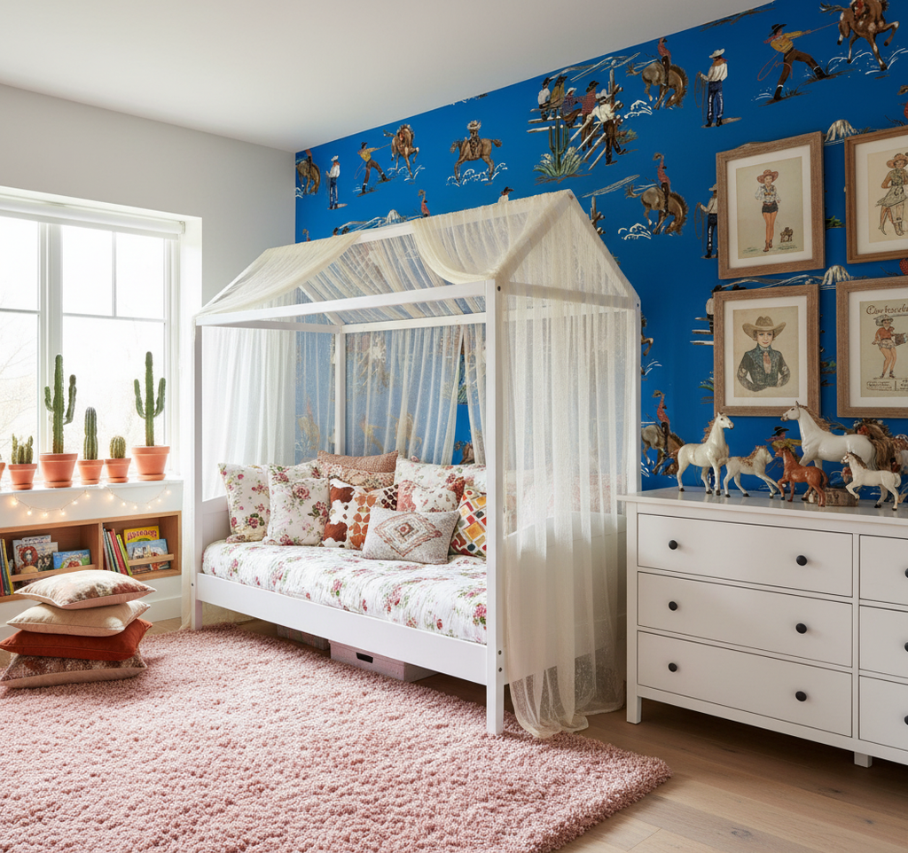 The Original Yeeha 1950's Cowboy - True Blue Mid-Century Modern | Architectural Wallcoverings - Girls Western Chic Bedroom Room Setting
