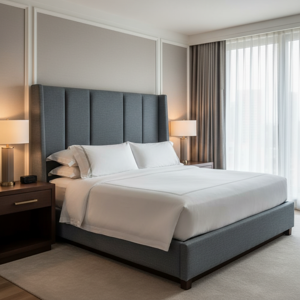 Woven Linen Texture Slate Blue Upholstered Headboard | Architectural Fabrics