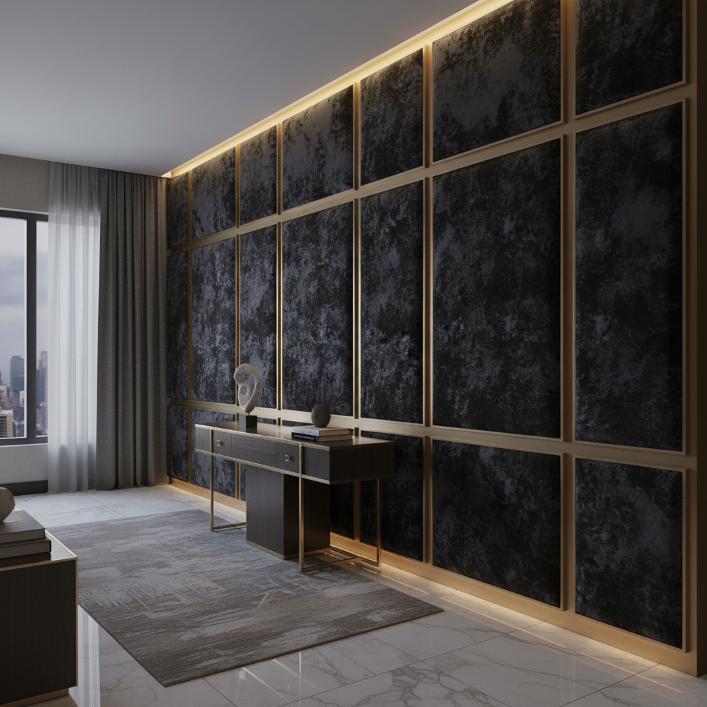 Crushed Velvet Texture Midnight Shadow Upholstered Wall Panel | Architectural Fabrics