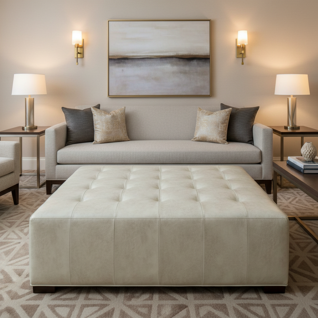 Arcadia - Oyster Shell Performance Vinyl Upholstered Ottoman | Architectural Fabrics
