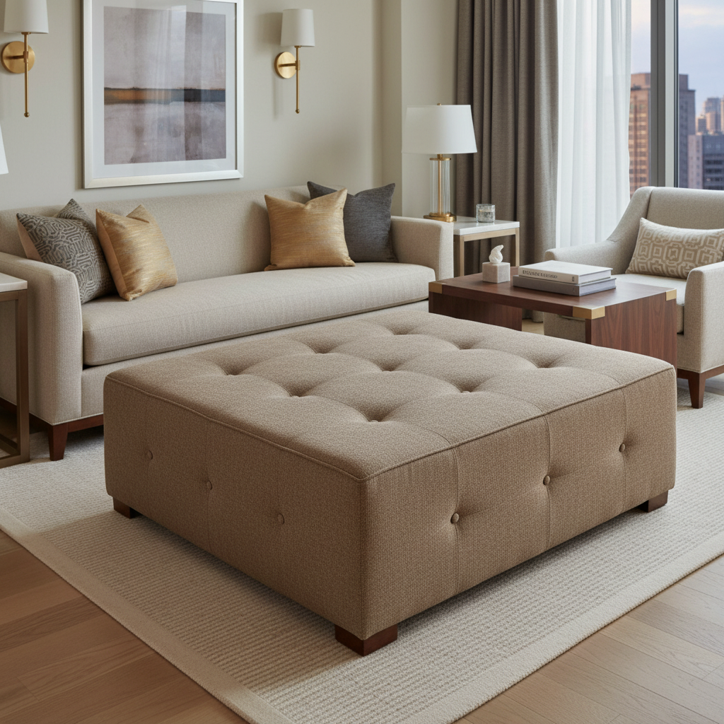 Fine Pebble Grain Warm Taupe Upholstered Ottoman | Architectural Fabrics