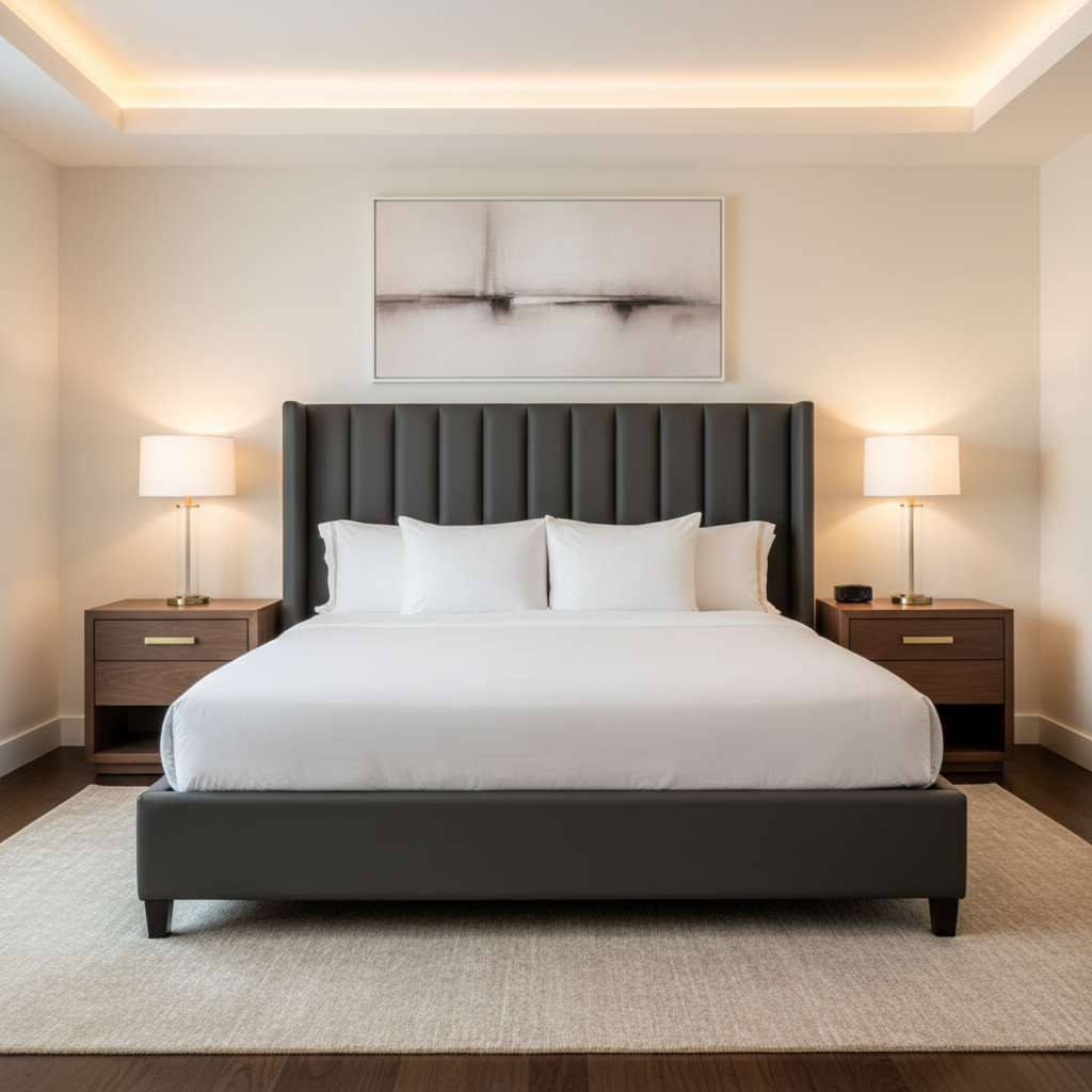 Smooth Pebble Grain Dark Charcoal Upholstered Headboard | Architectural Fabrics