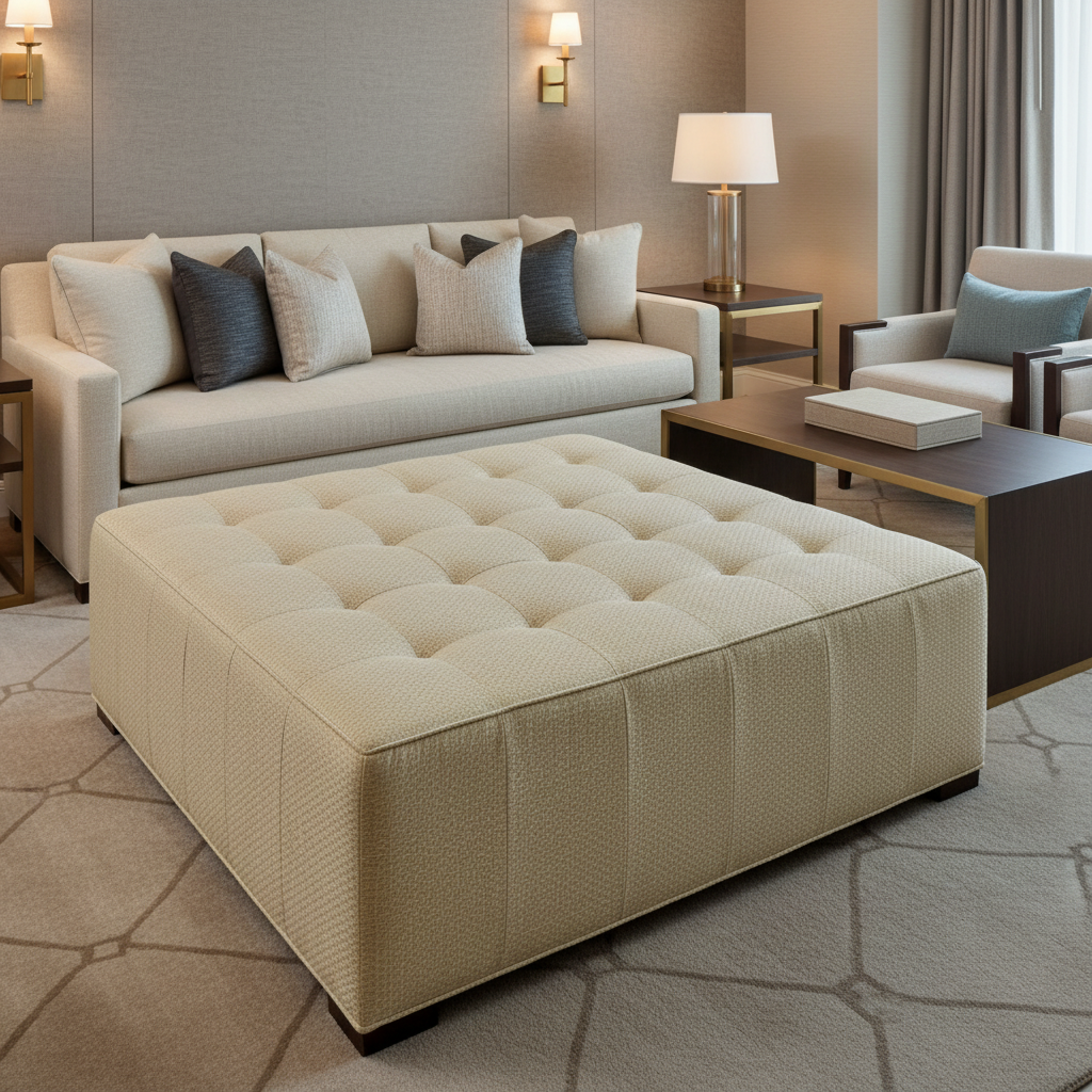 Woven Basketweave Texture Natural Linen Upholstered Ottoman | Architectural Fabrics