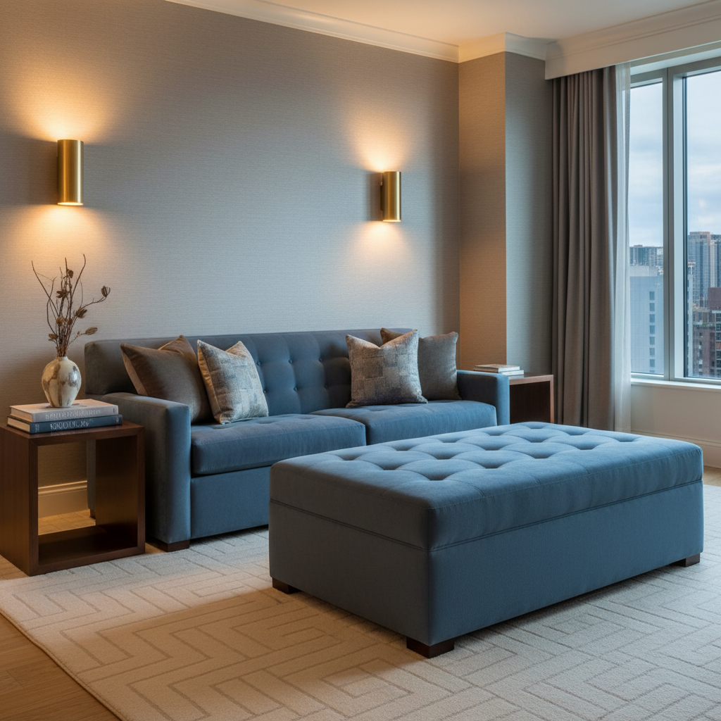 Ultrasuede  Steel Blue  Blue, Grey Upholstered Ottoman | Ultrasuede Upholstery