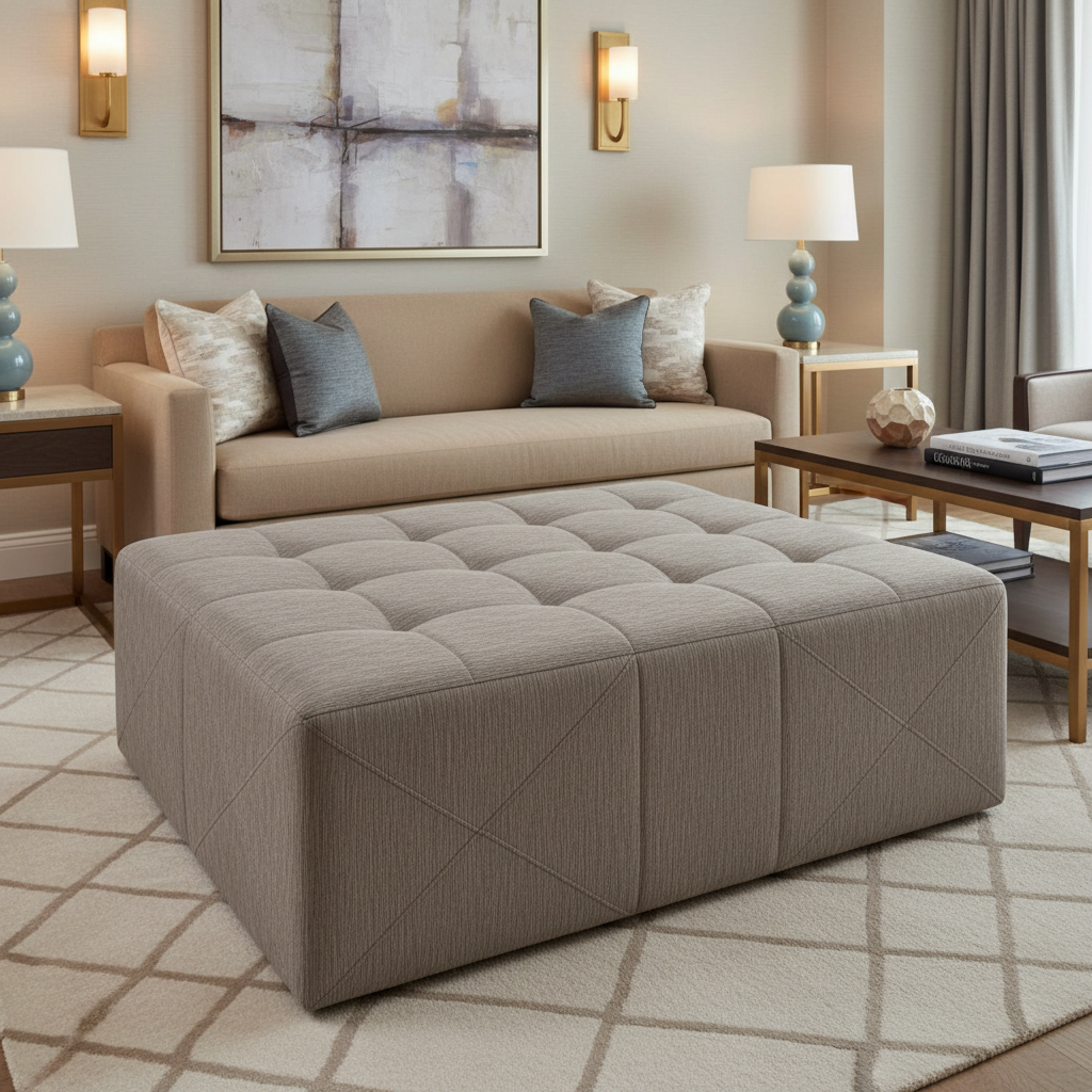 Brushed Linen Weave Soft Taupe Upholstered Ottoman | Architectural Fabrics