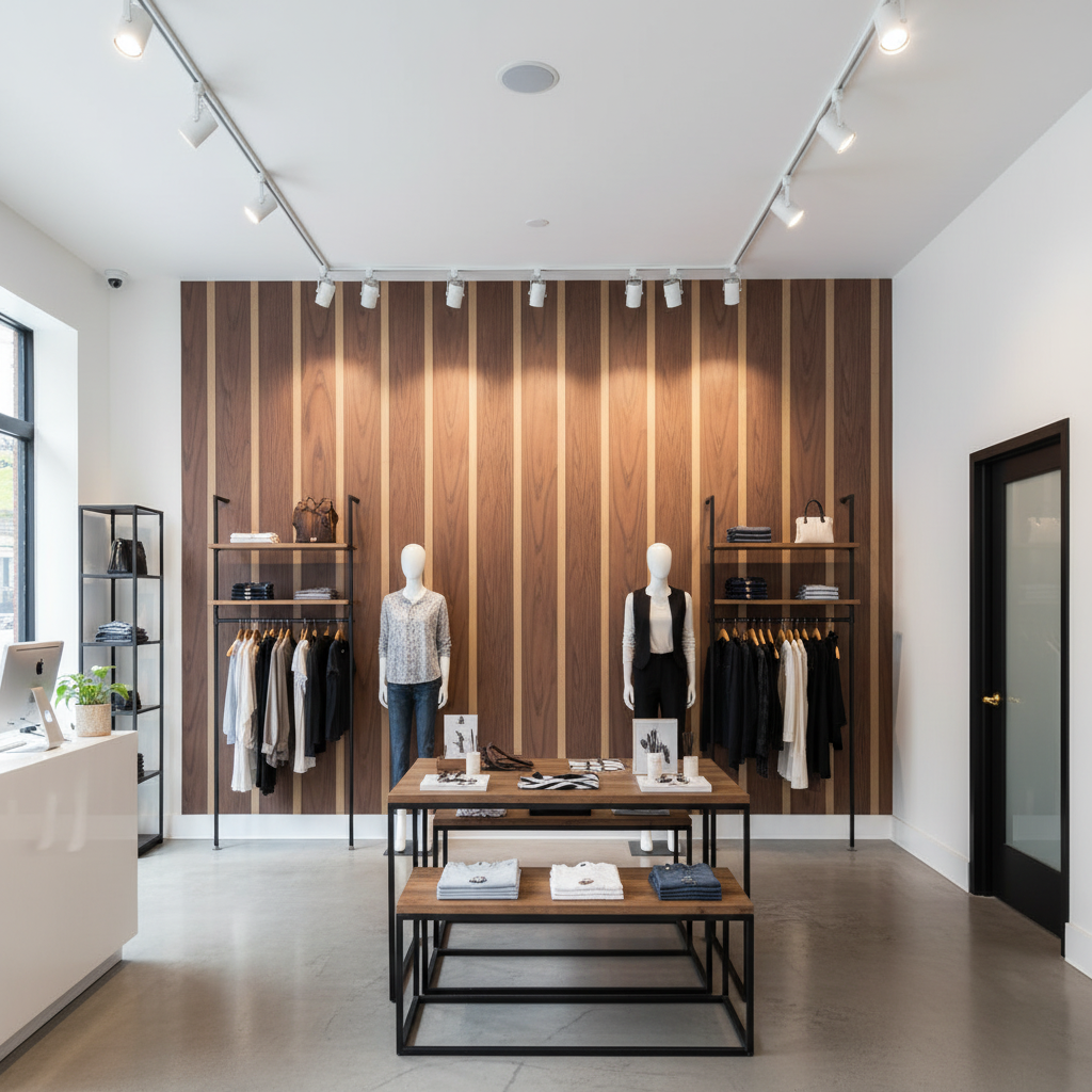 Biscay Bay Rustic Stripe Wood Grain | Hollywood Wallcoverings - Retail Showroom commercial room setting