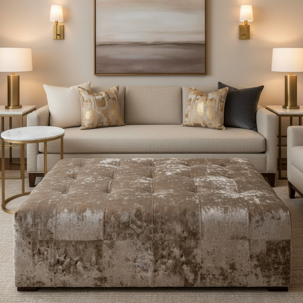 Crushed Velvet Texture Mushroom Taupe Upholstered Ottoman | Architectural Fabrics