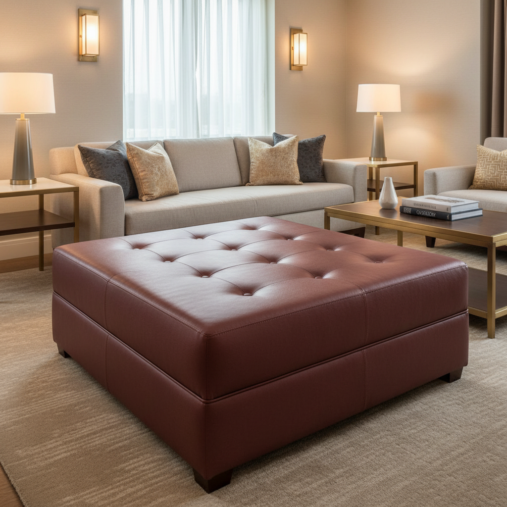 Alamo - Merlot Performance Vinyl Upholstered Ottoman | Architectural Fabrics