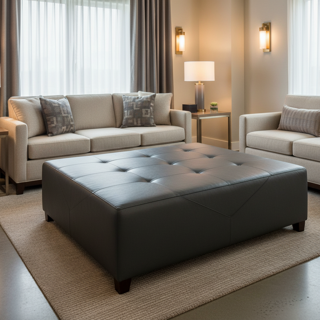 Fine Leather Grain Deep Charcoal Upholstered Ottoman | Architectural Fabrics