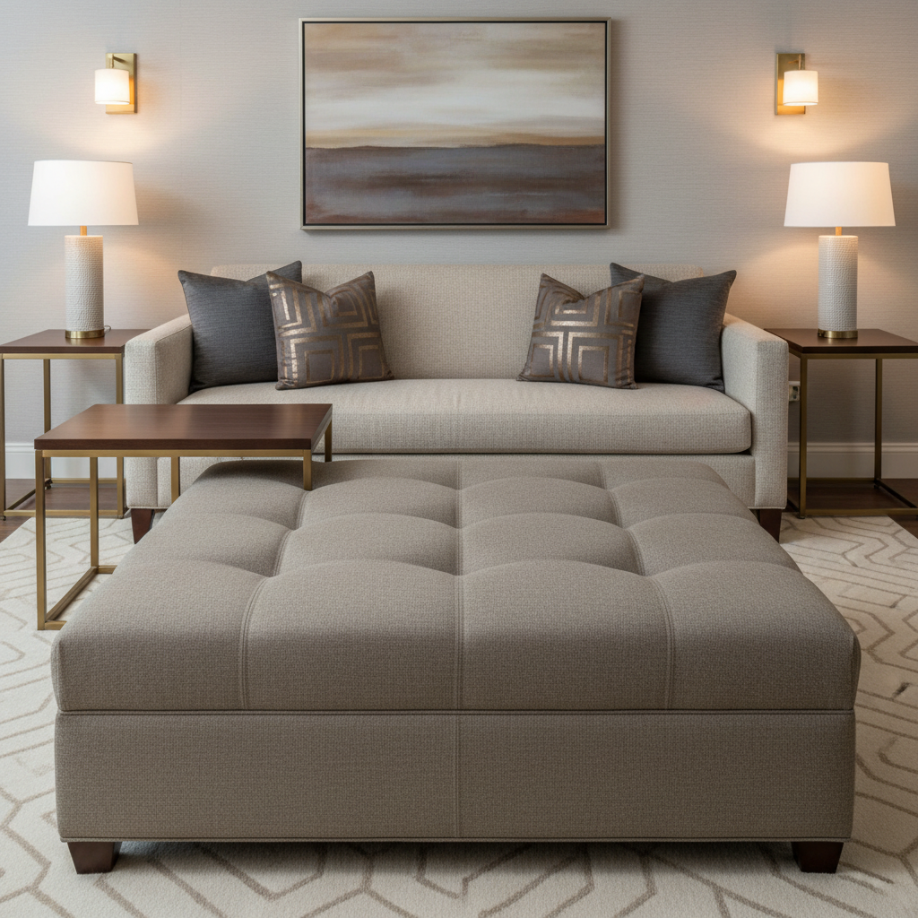 Fine Pebble Texture Taupe Stone Upholstered Ottoman | Architectural Fabrics