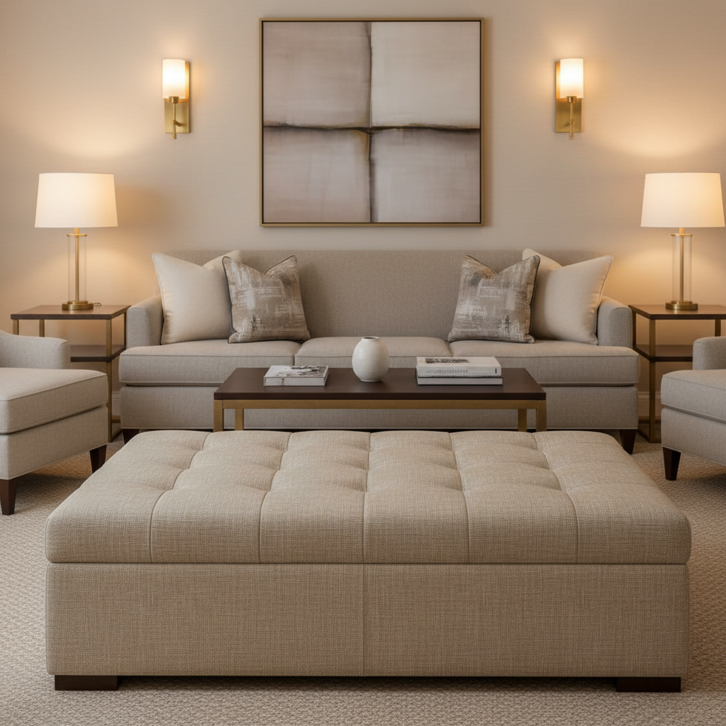 Brushed Linen Weave Sandy Beige Upholstered Ottoman | Architectural Fabrics