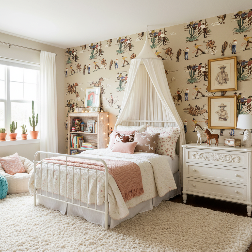 The Original Yeeha 1950's Cowboy Mid-Century Modern | Architectural Wallcoverings - Girls Western Chic Bedroom Room Setting