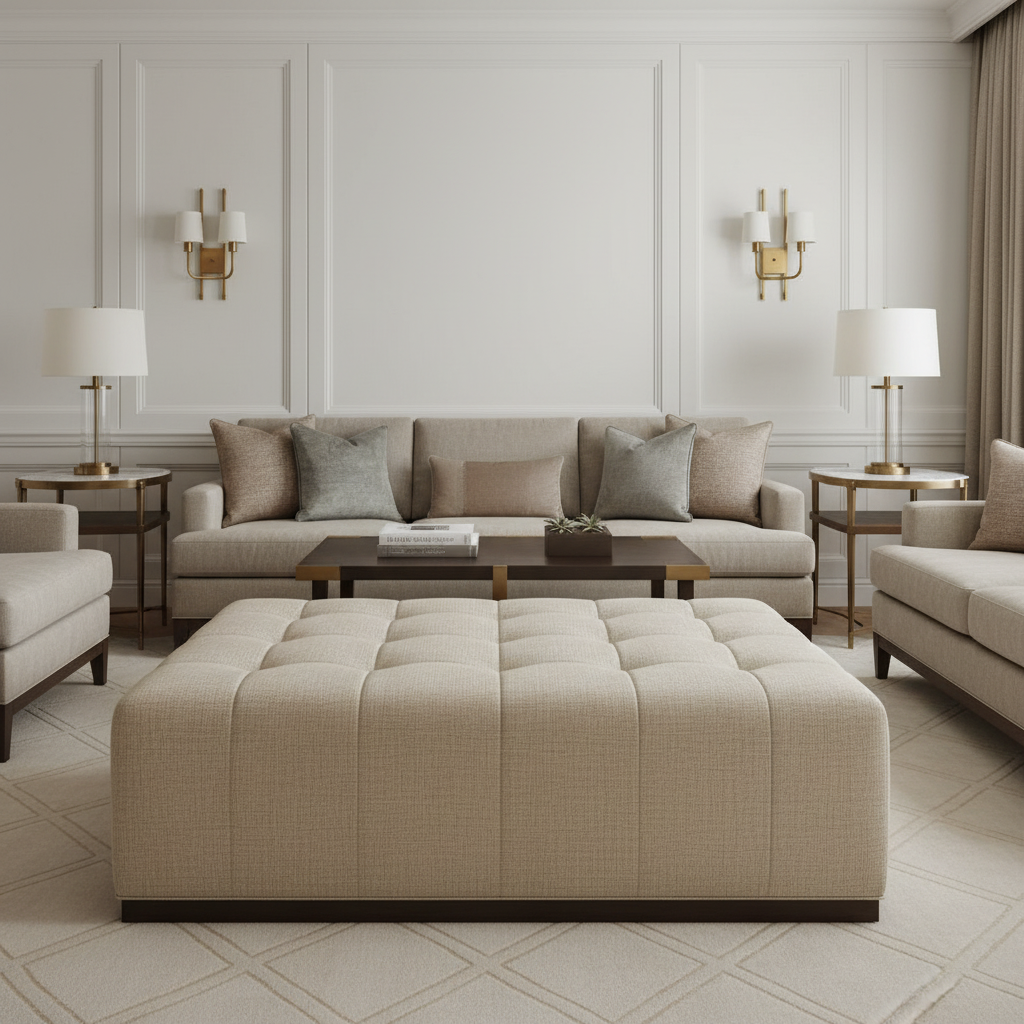 Brushed Linen Weave Natural Linen Upholstered Ottoman | Architectural Fabrics