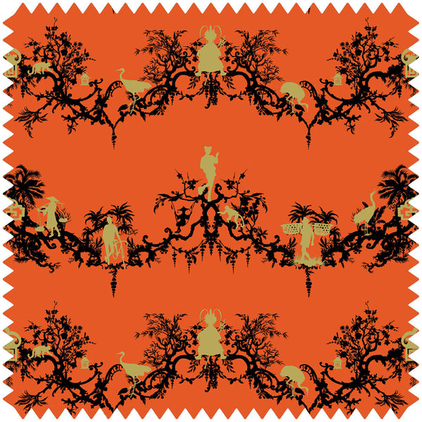 Shuiping de Pillement Velvet Black & Pale Gold on Orange | Timorous Beasties Fabric
