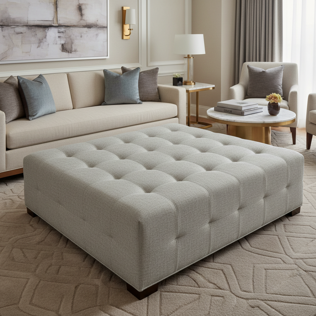 Fine Woven Texture Soft Gray Upholstered Ottoman | Architectural Fabrics