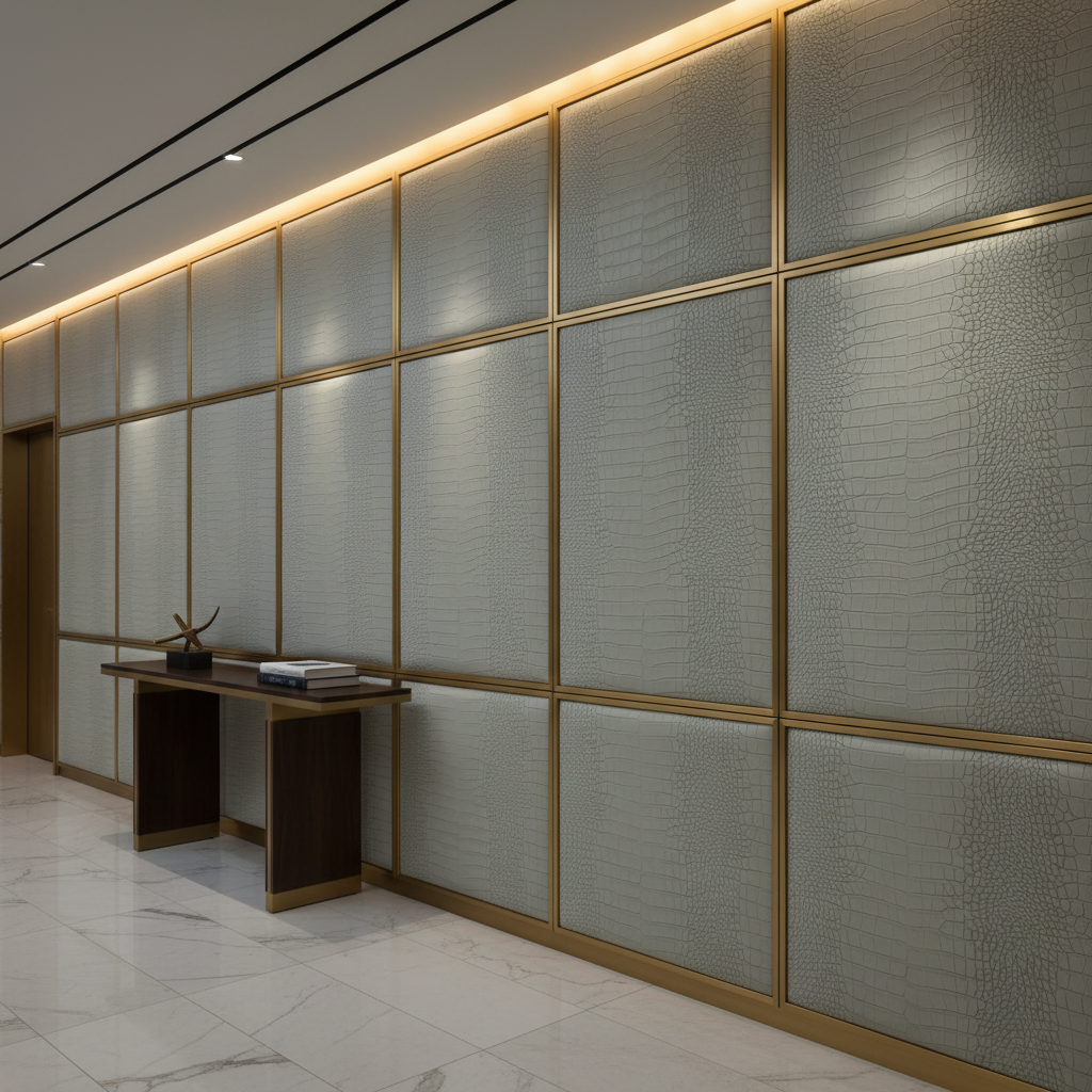 Embossed Reptile Scale Soft Gray Upholstered Wall Panel | Architectural Fabrics