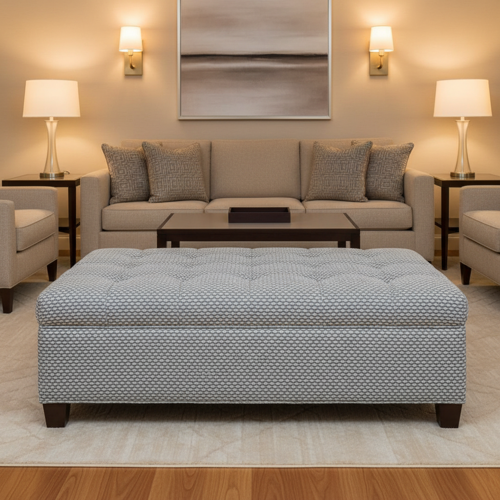 Geometric Woven Texture Silver Mist Upholstered Ottoman | Architectural Fabrics