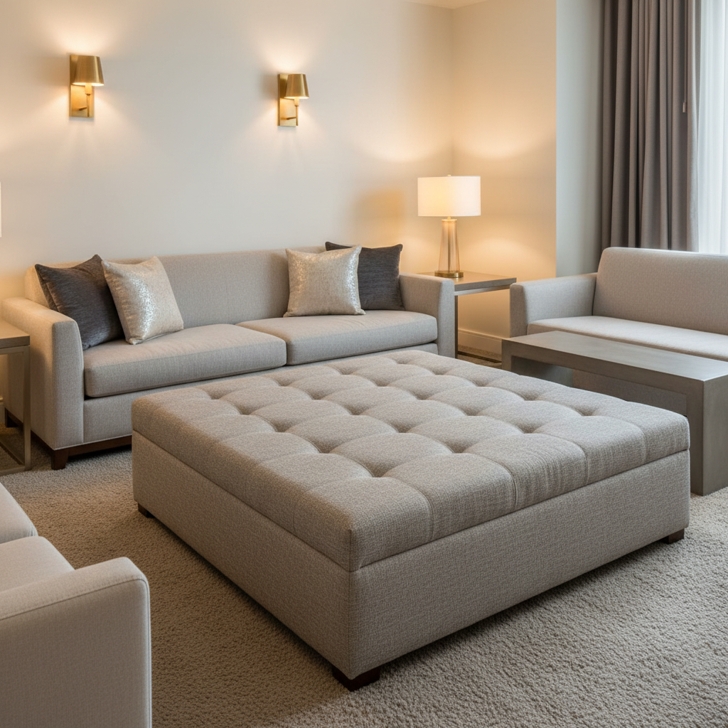 Fine Woven Texture Silver Taupe Upholstered Ottoman | Architectural Fabrics