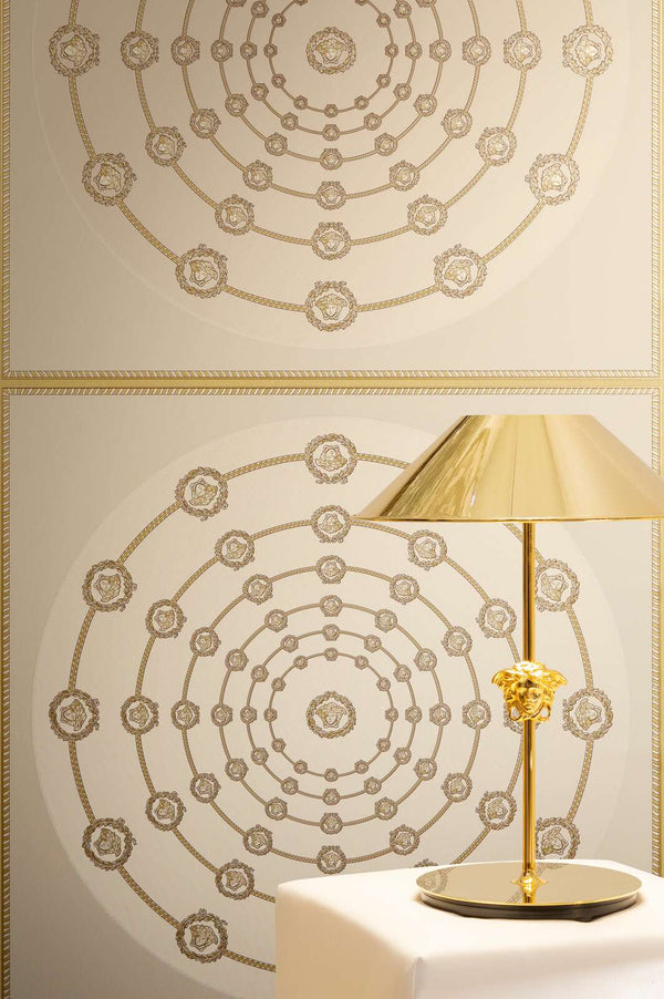 Medusa Circle Ornament Beige, Grey, Gold Wallcovering | Versace