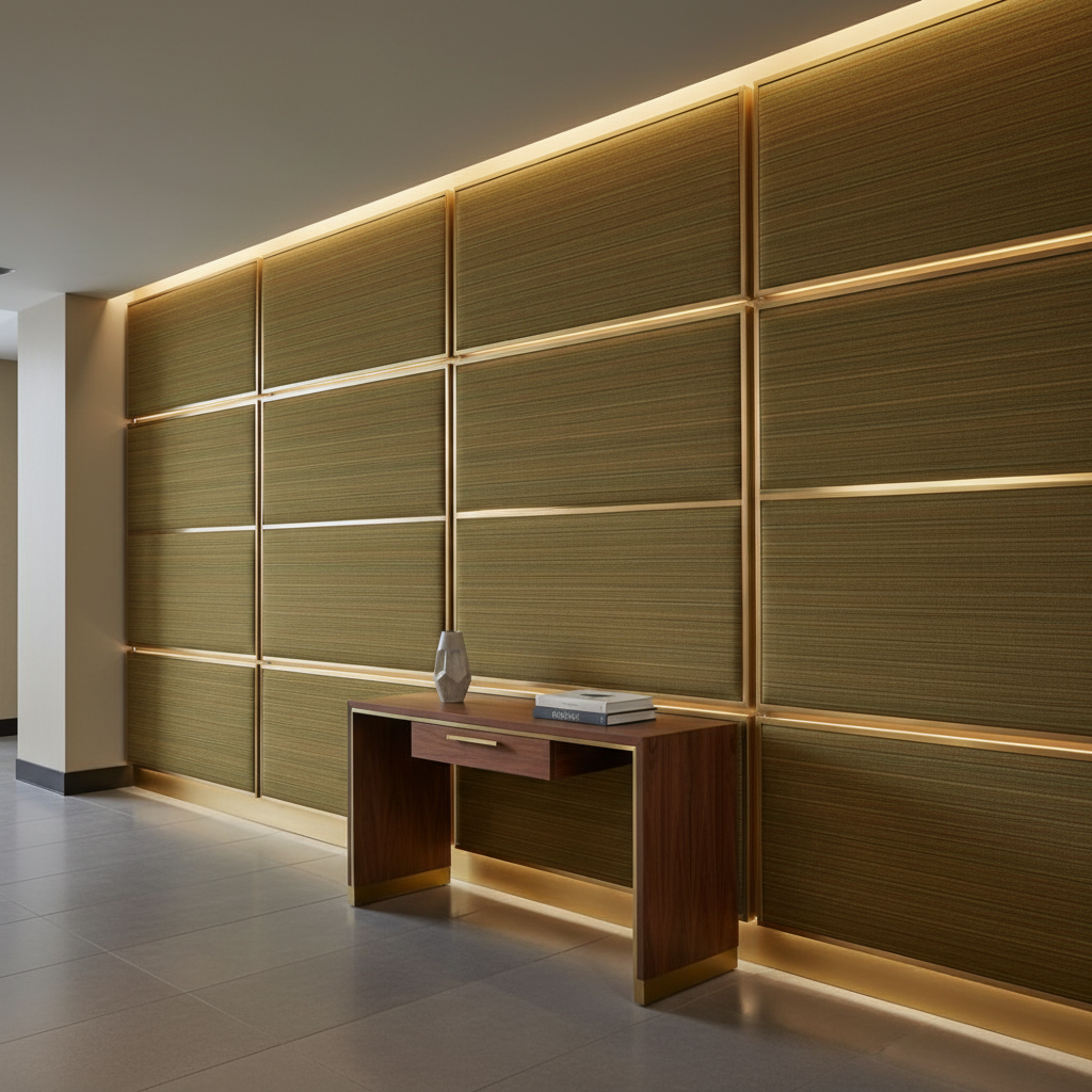 Fine Horizontal Stripes Olive Bronze Upholstered Wall Panel | Architectural Fabrics