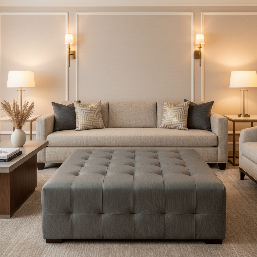 Fine Pebble Texture Cool Graphite Upholstered Ottoman | Architectural Fabrics