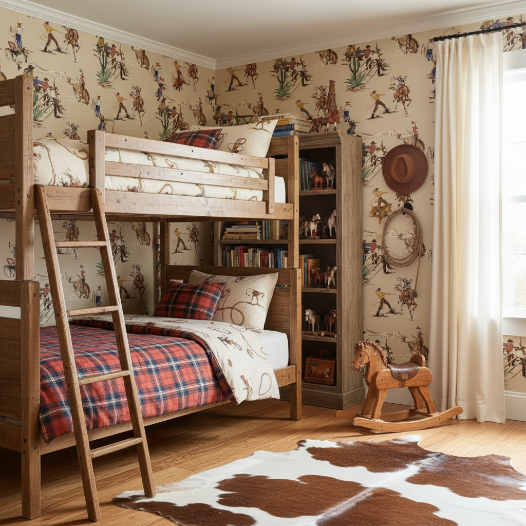 The Original Yeeha 1950's Cowboy Organic Cotton Sateen Fabric - Cream Fabric Mid-Century Modern | Architectural Wallcoverings - Boys Bedroom Room Setting