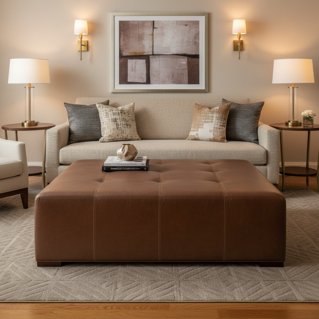 Smooth Leather Grain Rich Chestnut Upholstered Ottoman | Architectural Fabrics