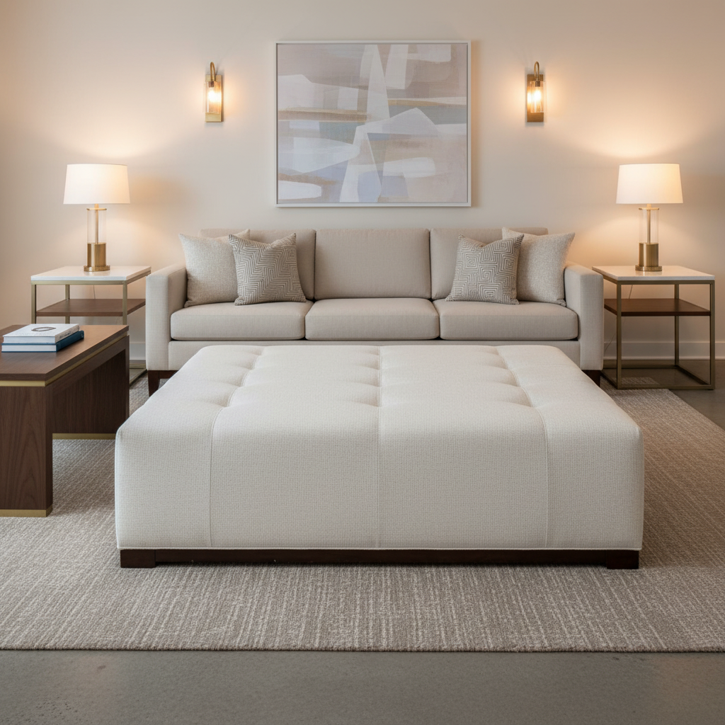 Fine Textured Grain Soft White Upholstered Ottoman | Architectural Fabrics