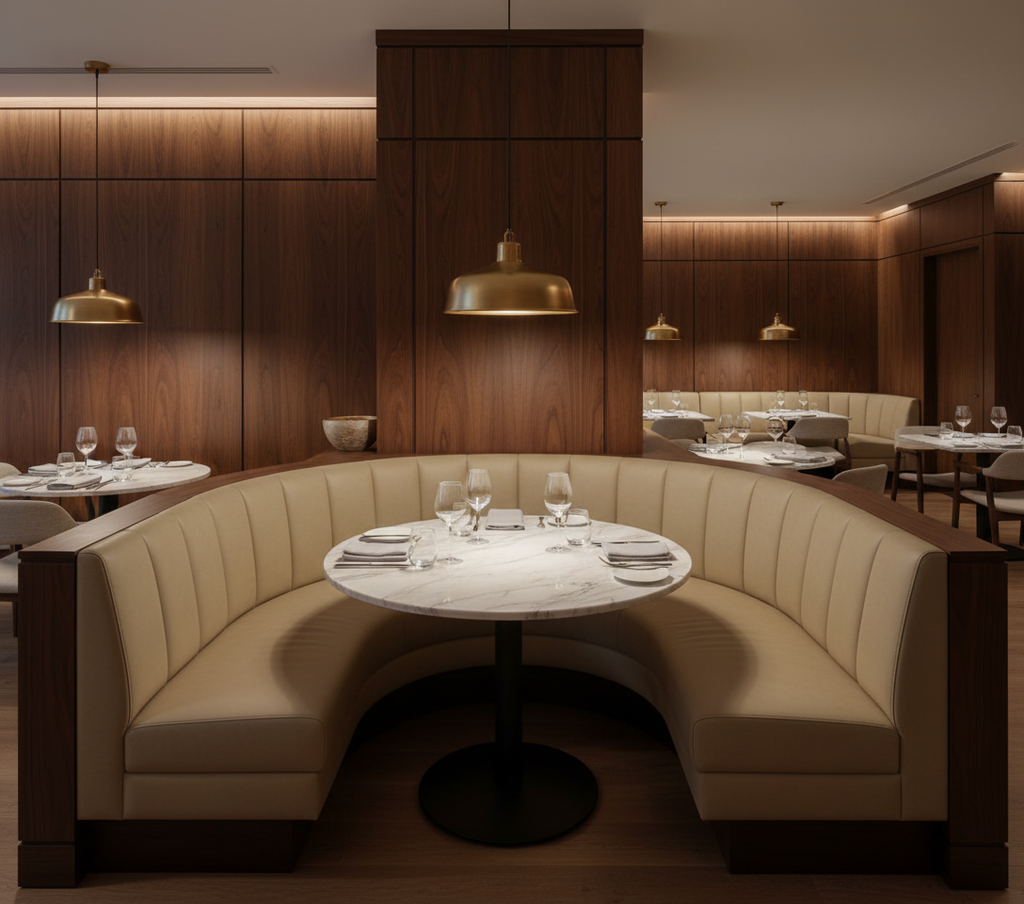 BALBOA - Sandstone Faux Leather Upholstered Banquette | Architectural Fabrics