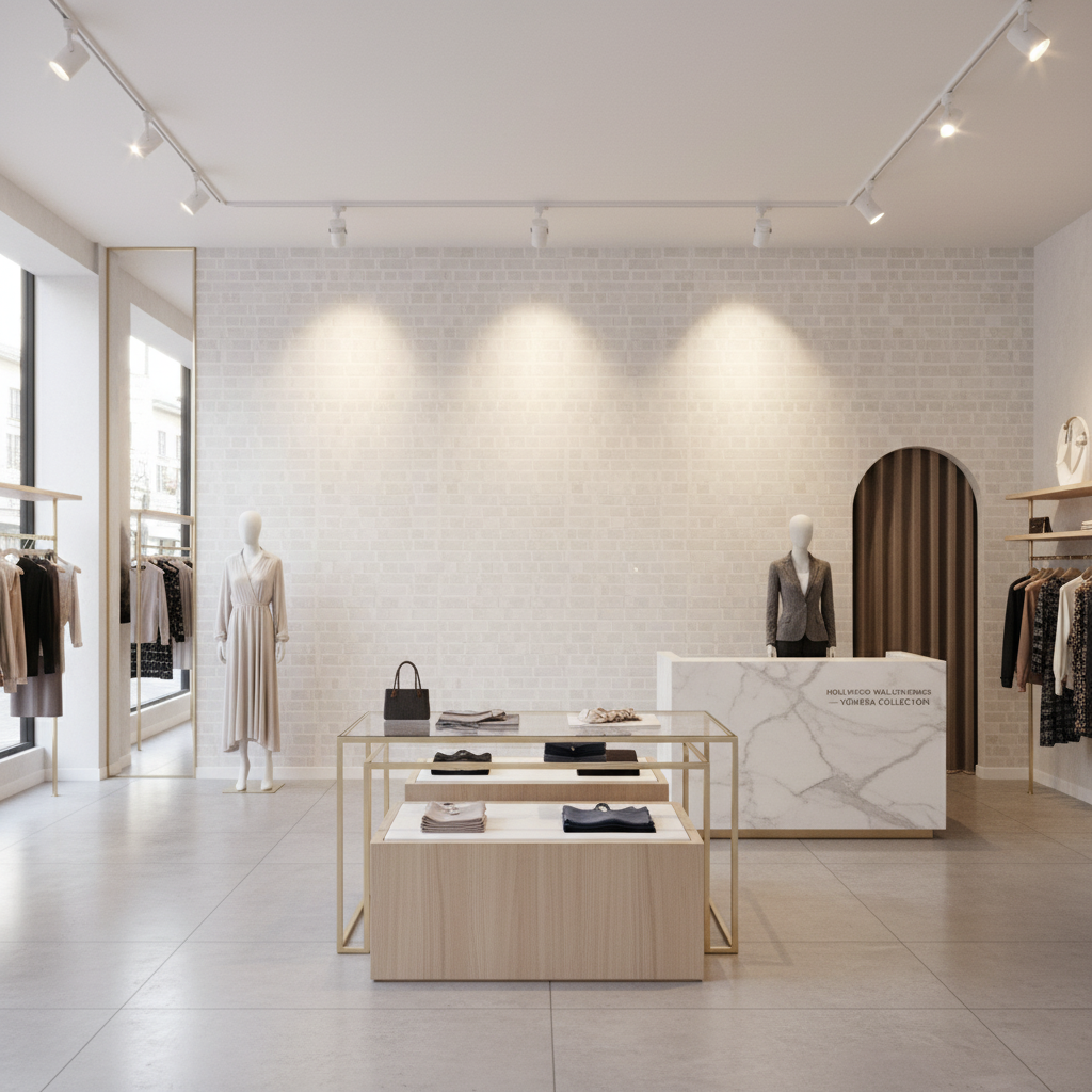 Vomera Pearl Faux Tile | Hollywood Wallcoverings - Retail Showroom commercial room setting