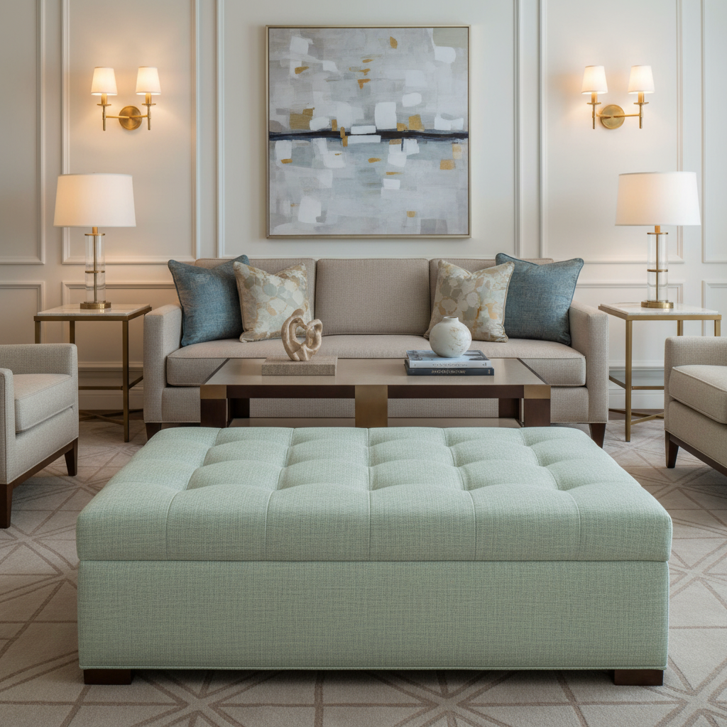 Fine Woven Texture Pale Celadon Upholstered Ottoman | Architectural Fabrics