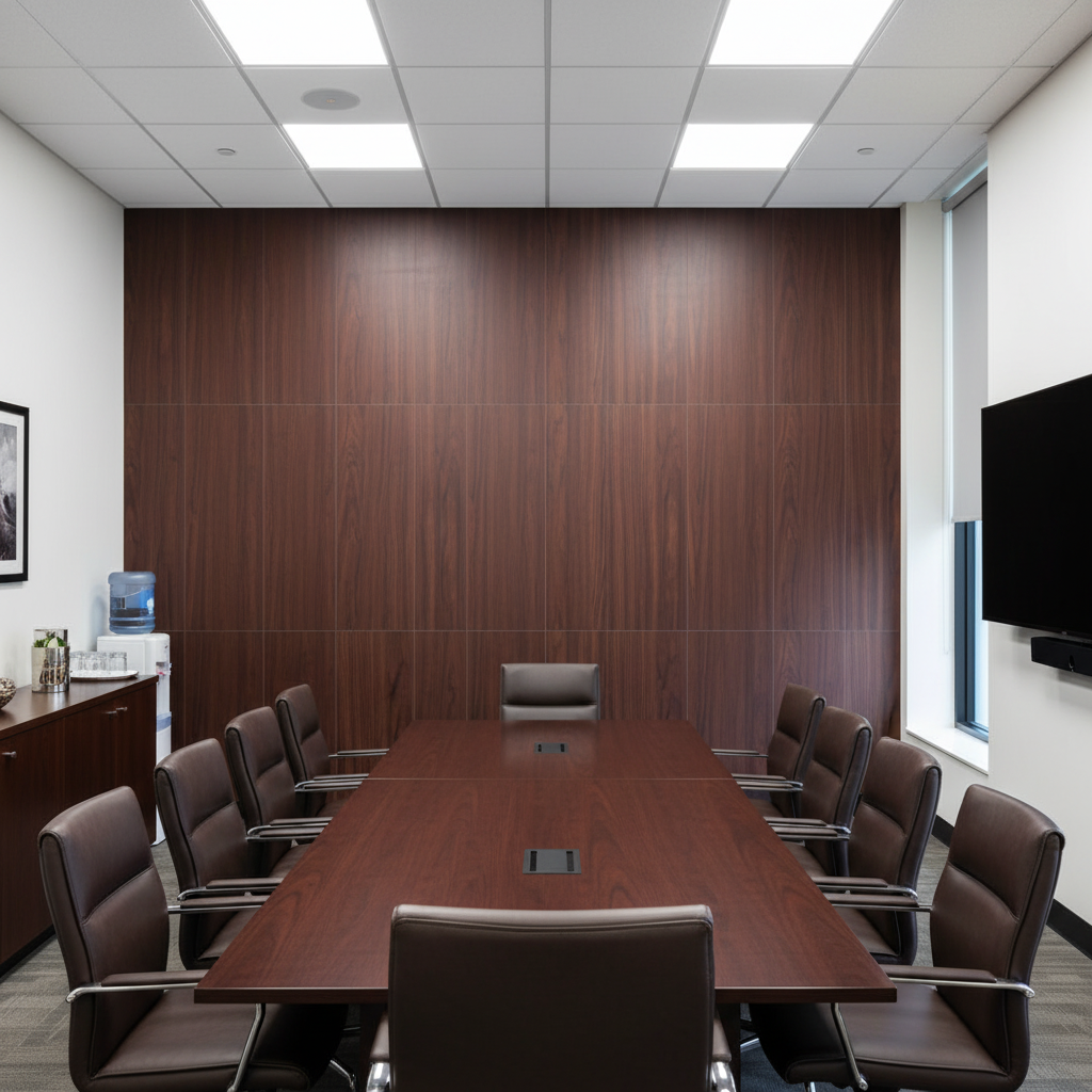 Biscay Bar Warm Mahogany Straight Wood Grain | Hollywood Wallcoverings - Conference Room commercial room setting