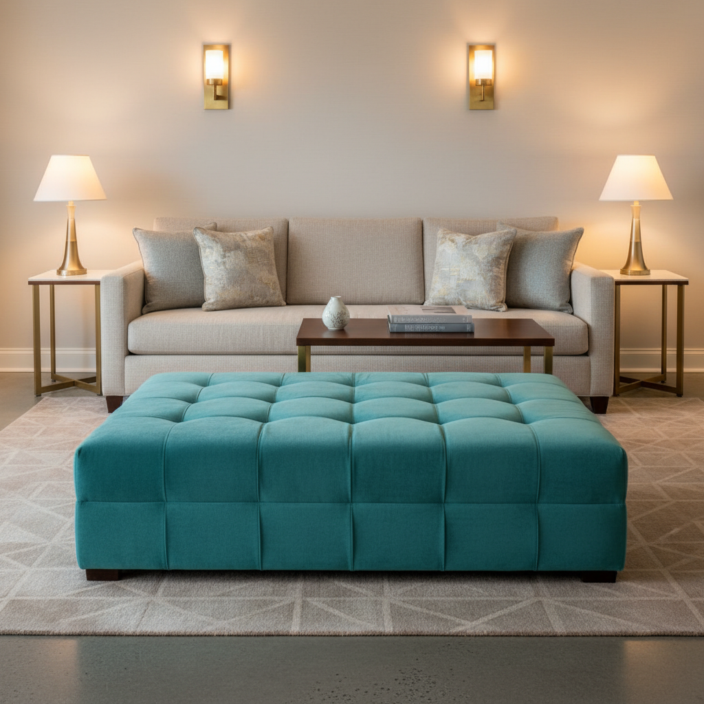 Ultrasuede  Real Teal  Aqua, Green, Blue Upholstered Ottoman | Ultrasuede Upholstery