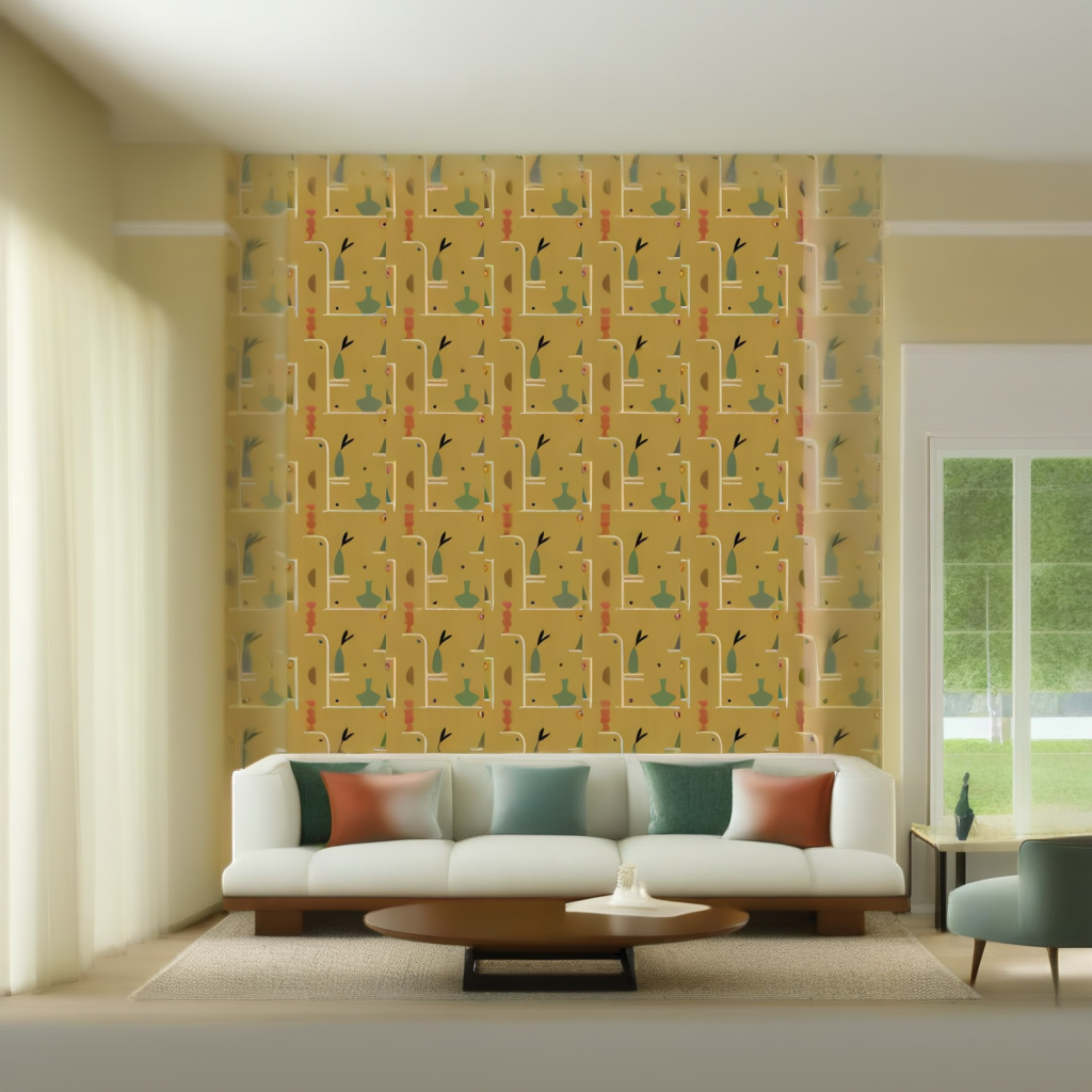 Room Setting - Archaeological Forms Ocher Wallcovering