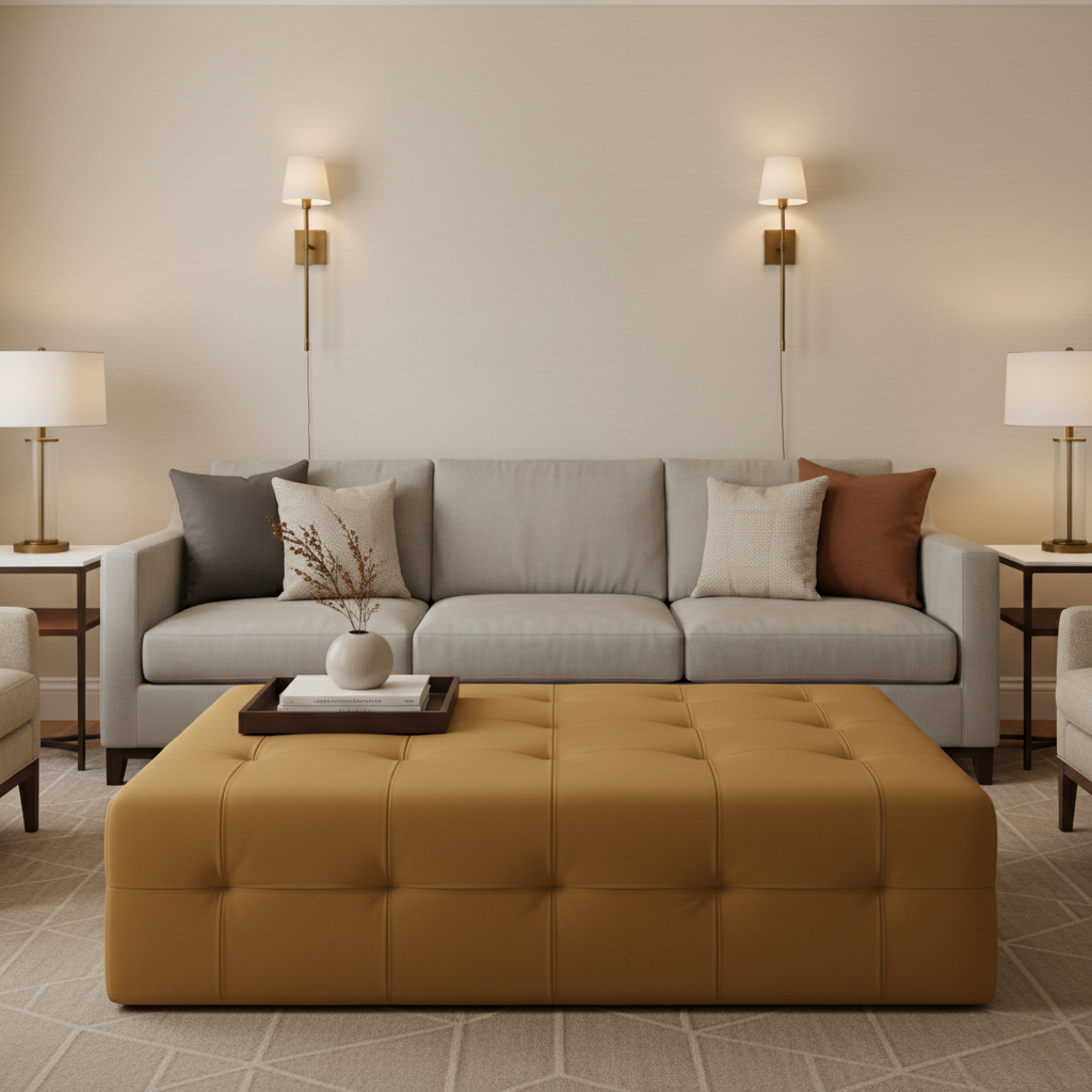 Smooth Matte Texture Golden Wheat Upholstered Ottoman | Architectural Fabrics