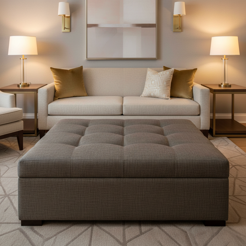Subtle Linen Weave Deep Taupe Upholstered Ottoman | Architectural Fabrics
