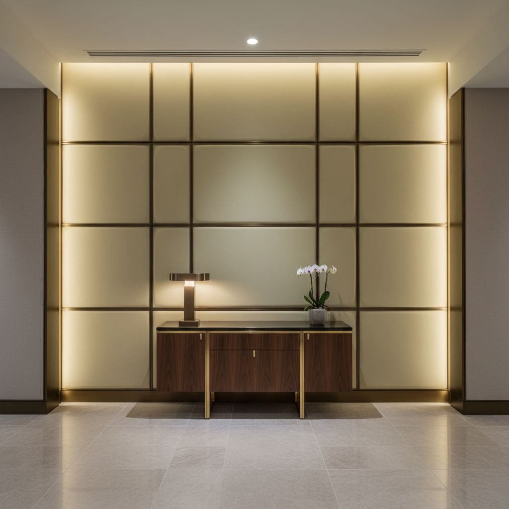 Smooth Solid Color Pale Olive Upholstered Wall Panel | Architectural Fabrics