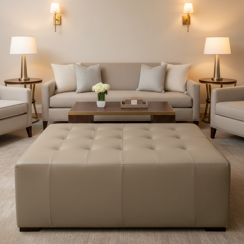 Smooth Matte Finish Soft Taupe Upholstered Ottoman | Architectural Fabrics
