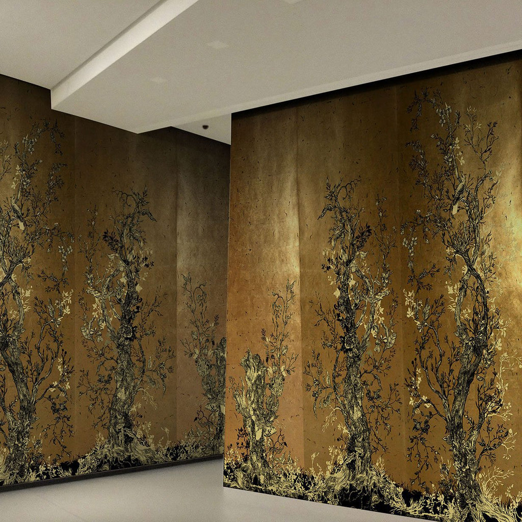 Golden Oriole Wallcovering Panels Black & Gold on Gold Leaf