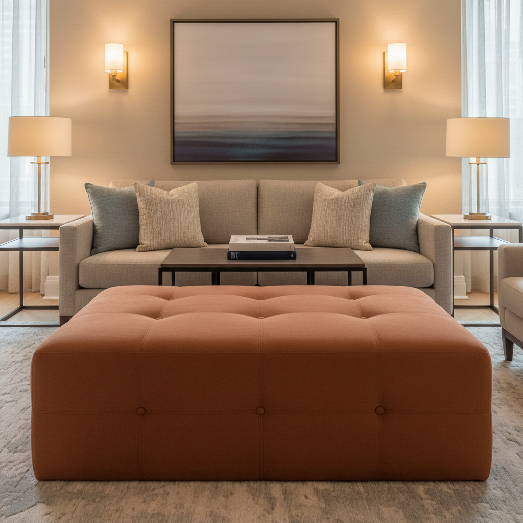 Ultrasuede  Terracotta Brown Upholstered Ottoman | Ultrasuede Upholstery