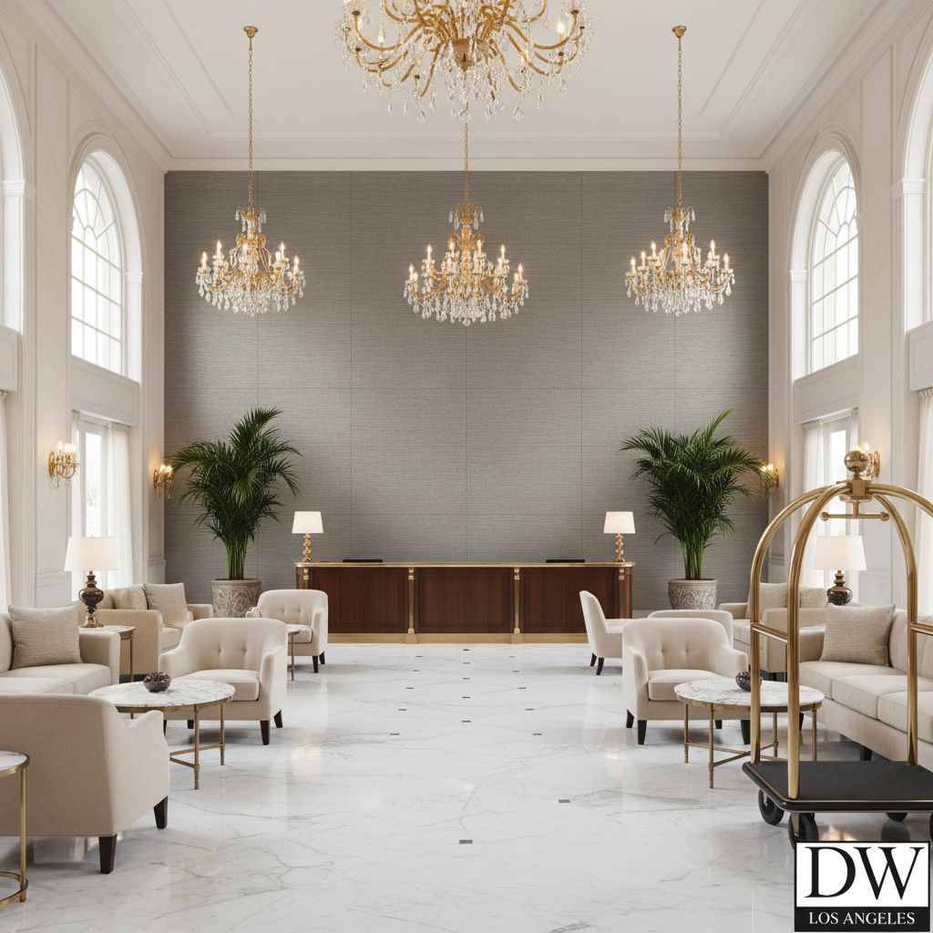 Marseilles Vinyl | Hollywood Wallcoverings - Hotel Lobby commercial room setting