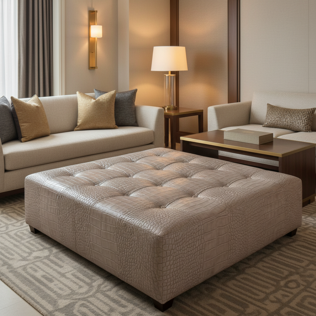 Embossed Alligator Skin Taupe Stone Upholstered Ottoman | Architectural Fabrics