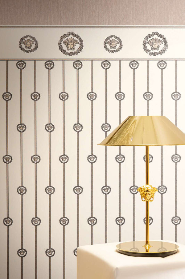 Medusa Filigree White, Beige, Metallic Wallcovering | Versace