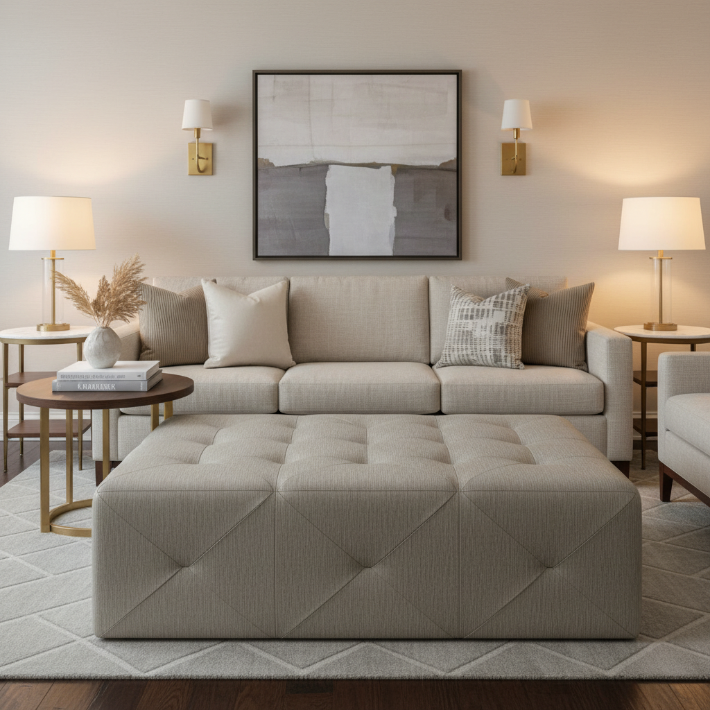 Brushed Linen Weave Silver Taupe Upholstered Ottoman | Architectural Fabrics