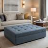 Woven Canvas Texture Denim Blue Upholstered Ottoman | Architectural Fabrics