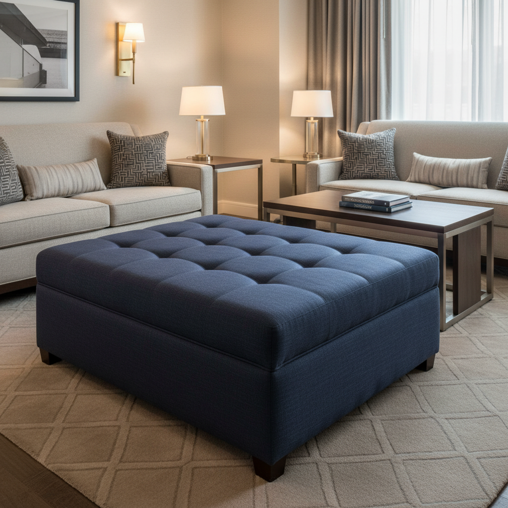Subtle Linen Weave Deep Indigo Upholstered Ottoman | Architectural Fabrics