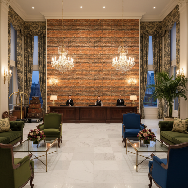 Vomera Faux Burnt Brick | Hollywood Wallcoverings - Hotel Lobby commercial room setting